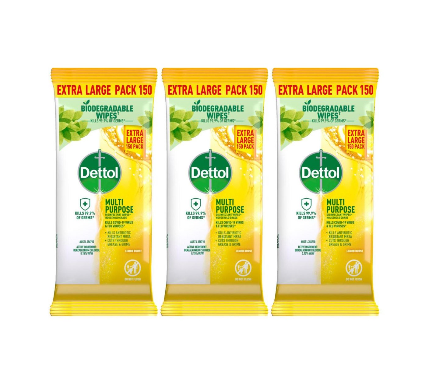 3 Pack Dettol Disinfectant Lemon Multipurpose Cleaning Wipes 150 pack