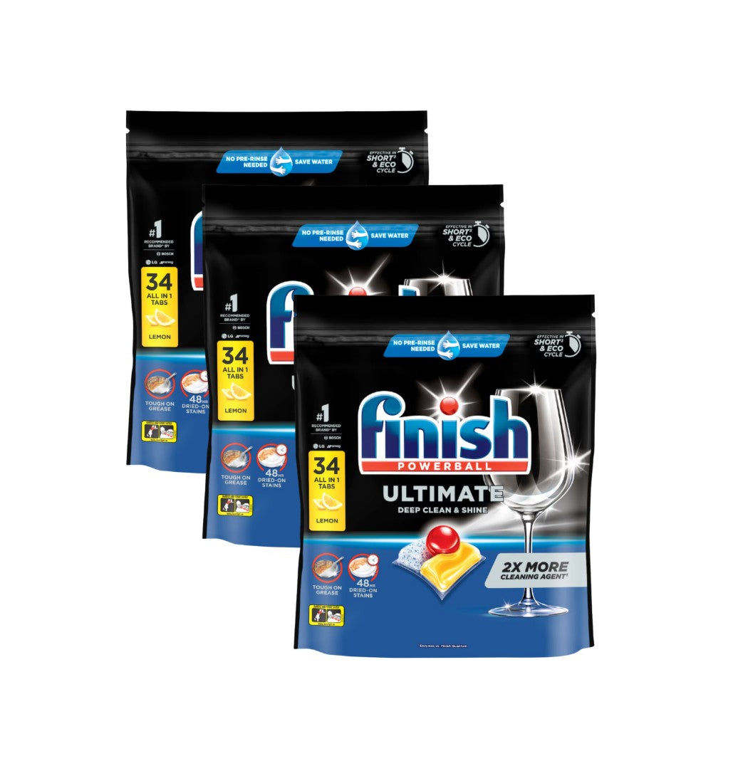3 x Finish Ultimate Dishwashing Tablets Lemon 34 Pack (102 Tablets)
