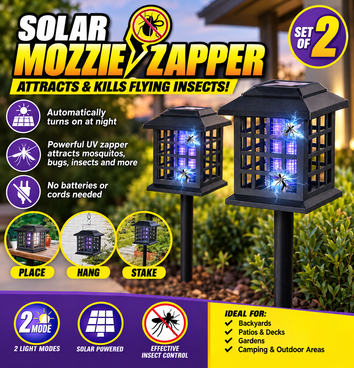 2 Pack Solar Mozzie Zapper Lights – Outdoor Mosquito & Insect Control