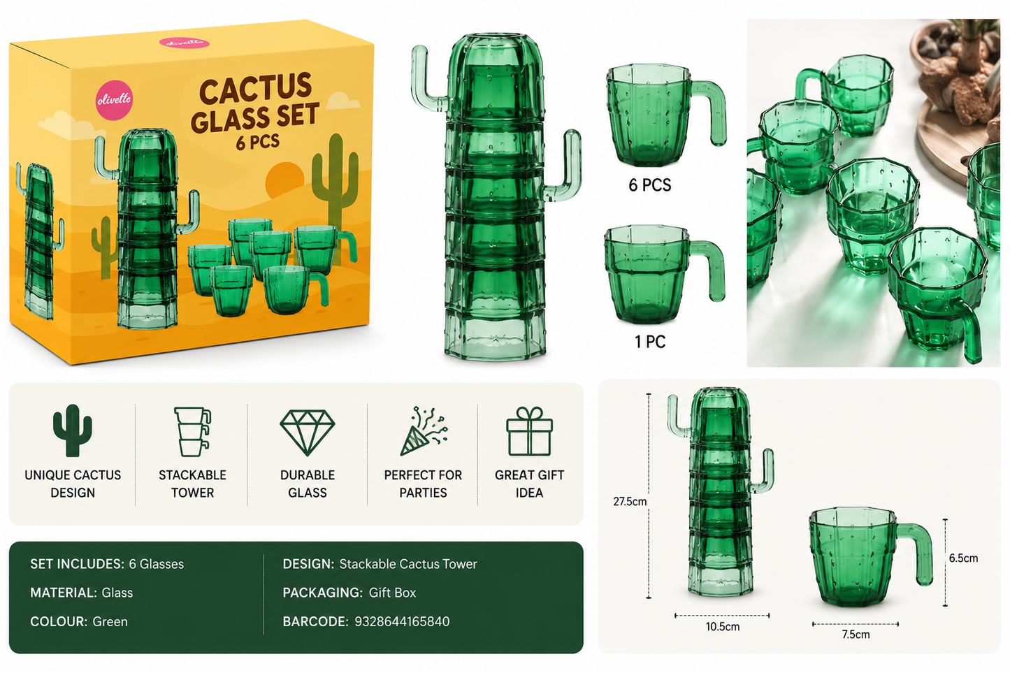 Cactus Drink Tower 6pc Glass Set