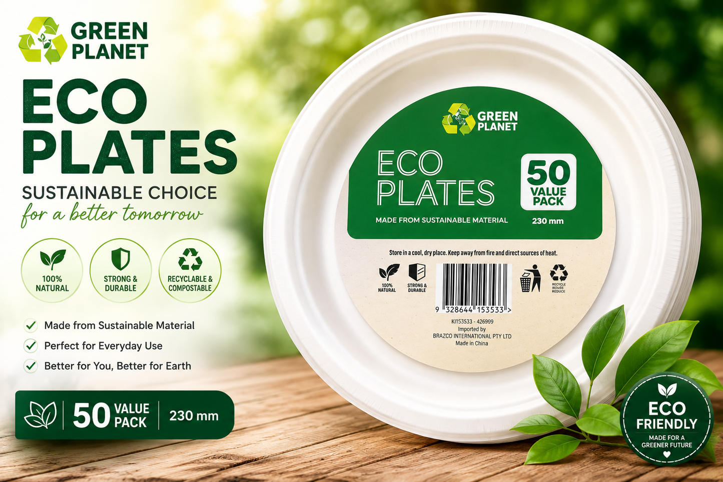 Eco Disposable Sugarcane Plates 23cm 50 Pack