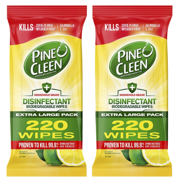 440 Pine O Cleen Disinfectant Biodegradable Wet Wipes Lemon Lime (2 x 220 Pack)