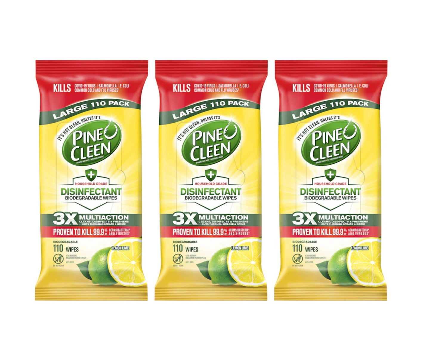 3 x Pine O Cleen Disinfectant Biodegradable Wipes Lemon Lime 110 Pack