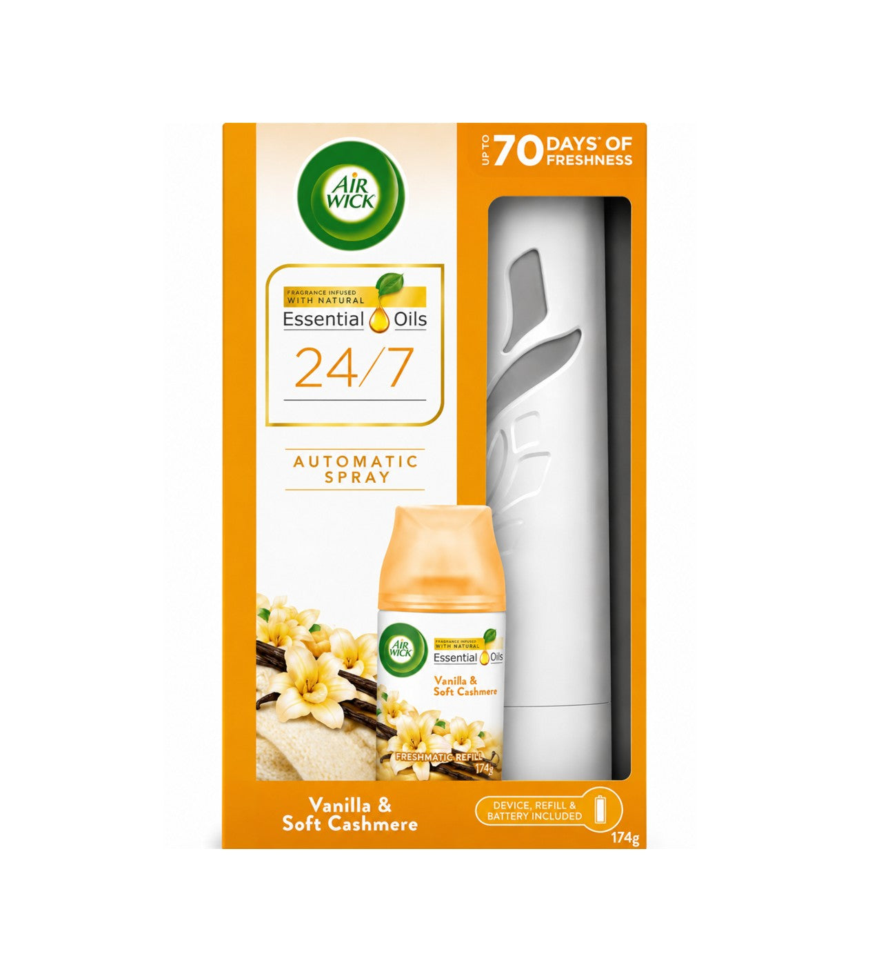 Air Wick Essential Oils Automatic Spray Starter Kit 174g – Vanilla & Soft Cashmere