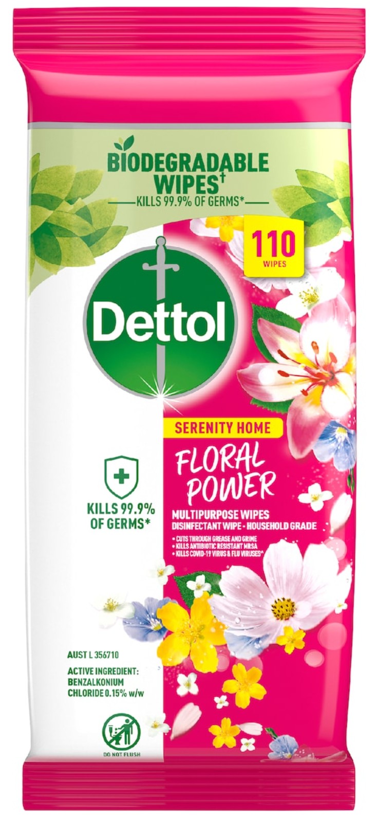 4 x Dettol Serenity Home Multipurpose Wipes Floral Power 110 pack