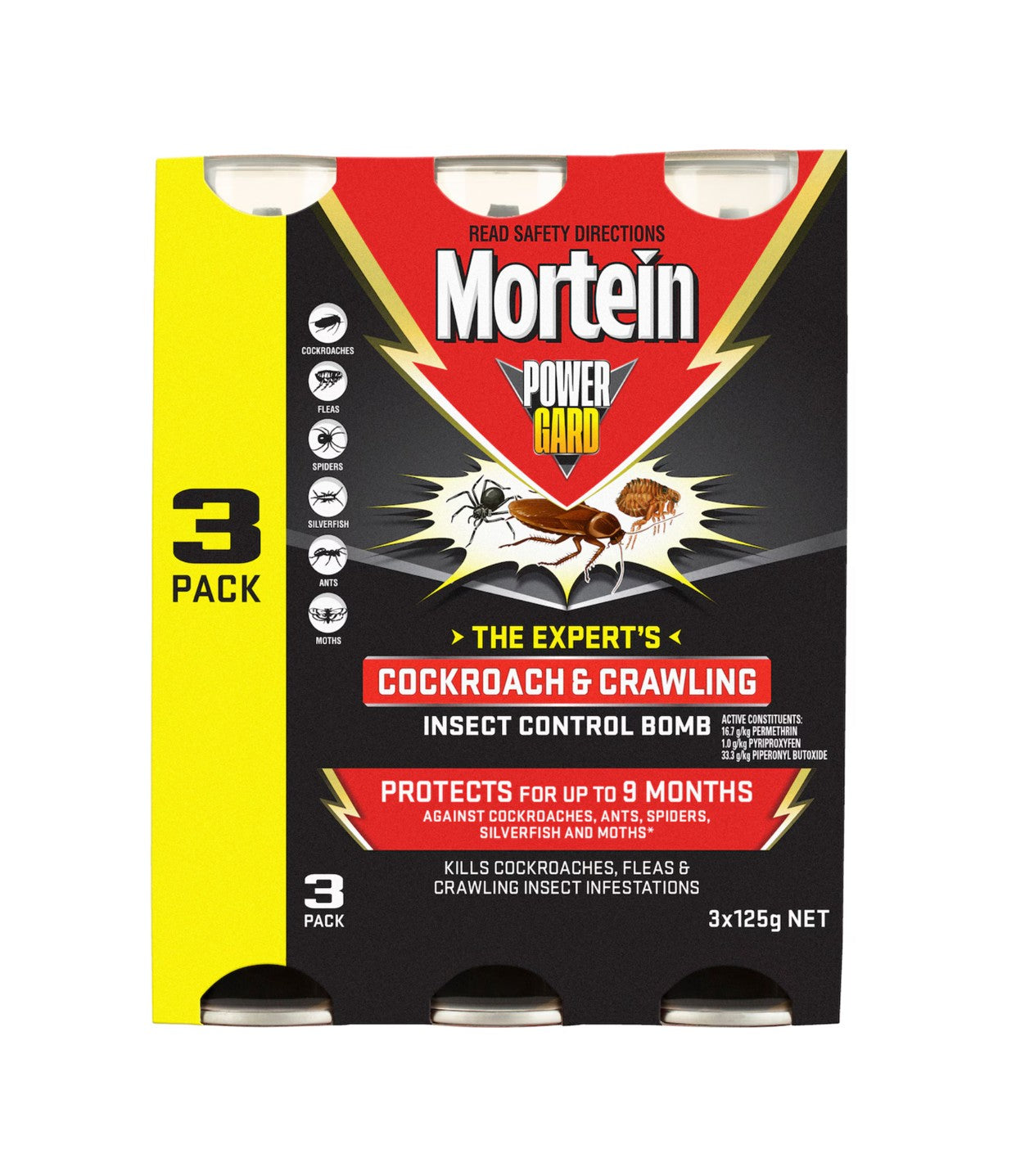 Mortein PowerGard Cockroach & Crawling Insect Control Bomb 3 Pack 125g