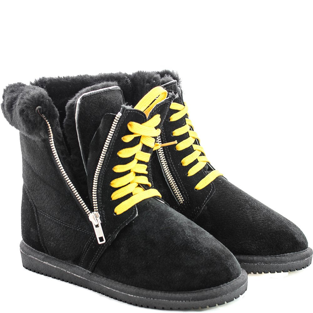 Original Ugg Australia Zipper Black Boots Yellow Laces Ups