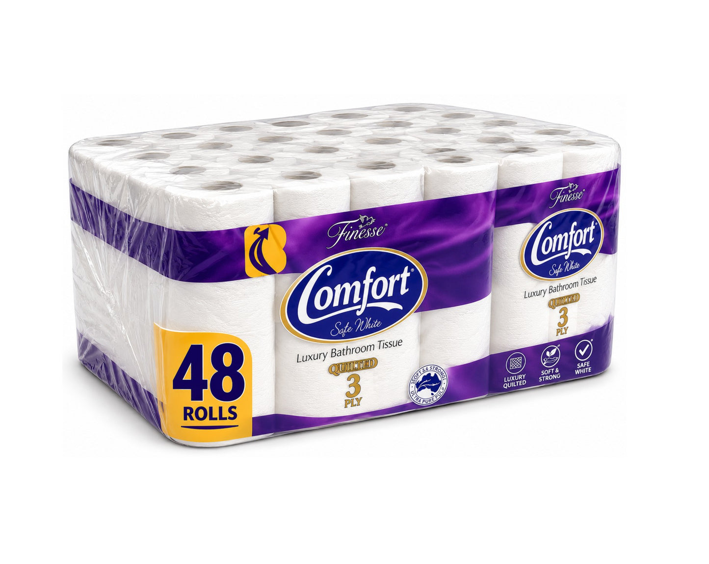 Carton of 48 Finesse Comfort Soft White Quilted 3-Ply Bathroom toilet paper