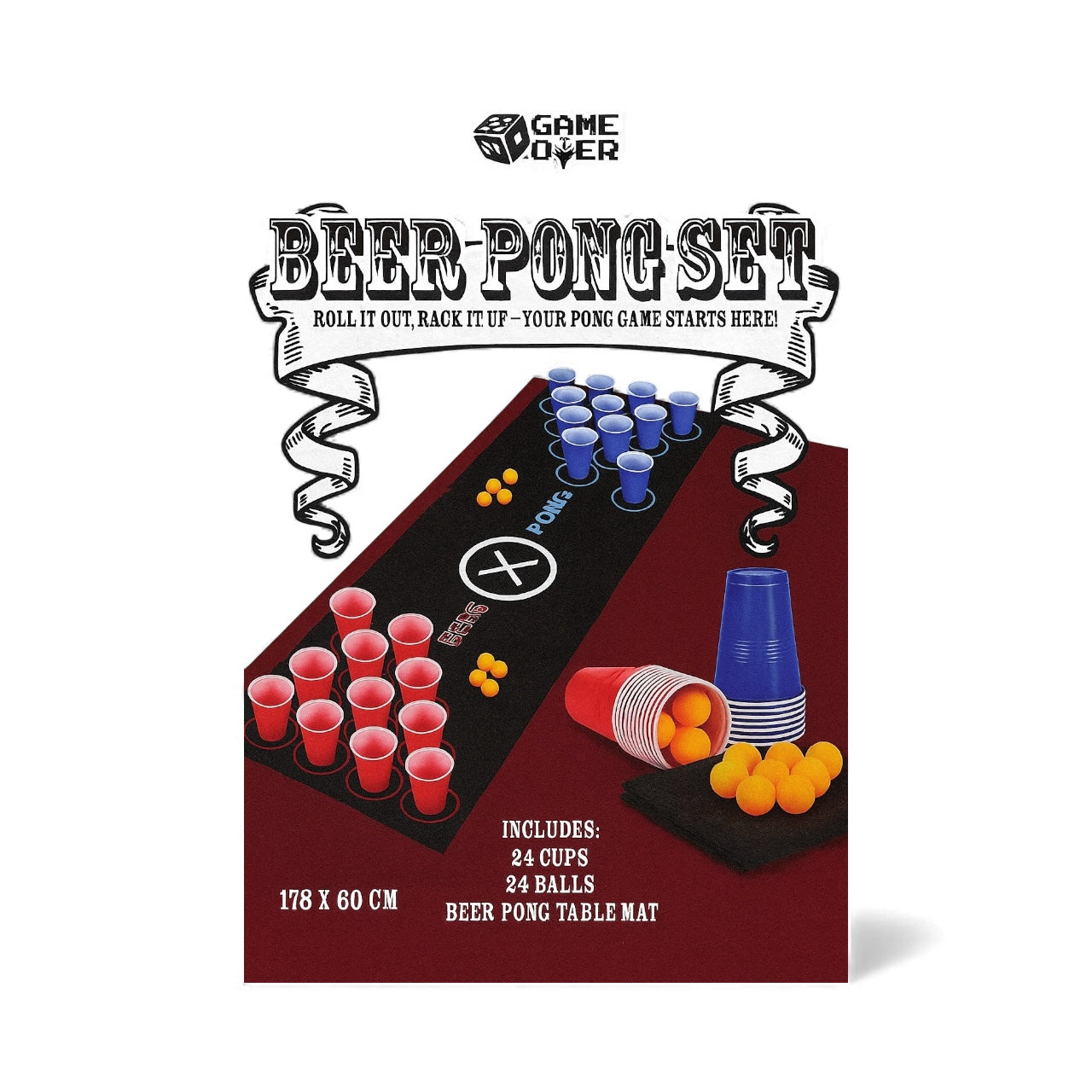 Beer Pong Set – 24 Cups, 24 Balls &amp; Table Mat (178 x 60 cm)