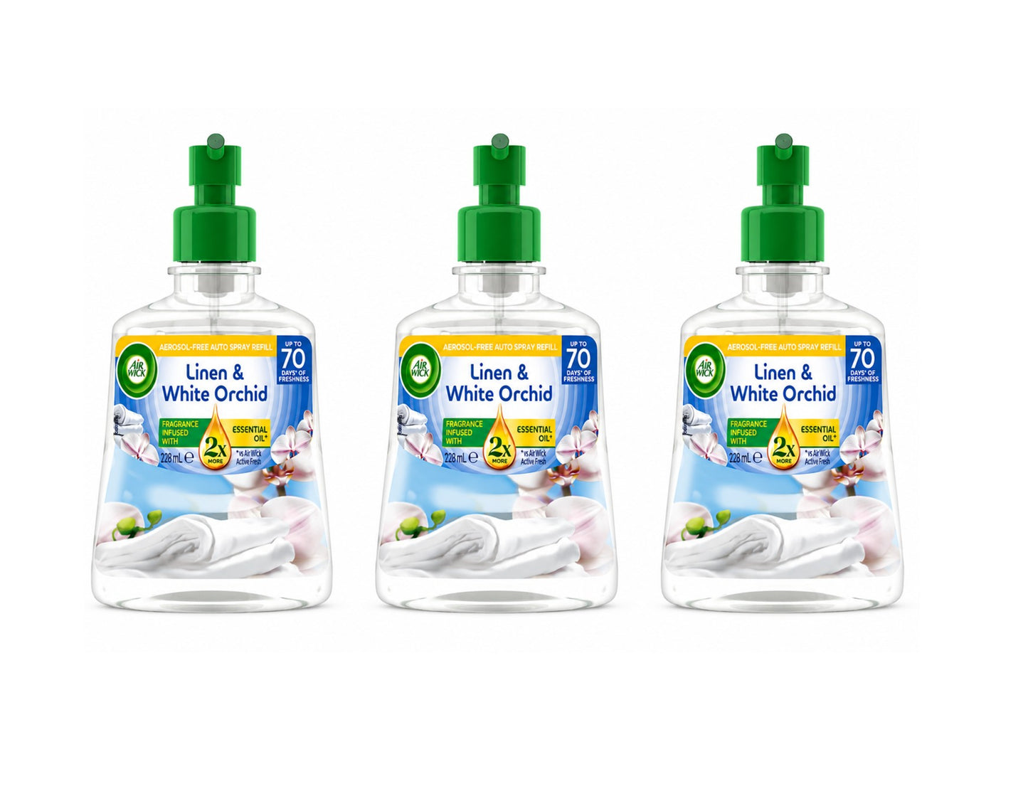 3 Pack Air Wick Active Fresh Linen & White Orchid Auto Spray Refill 228ml