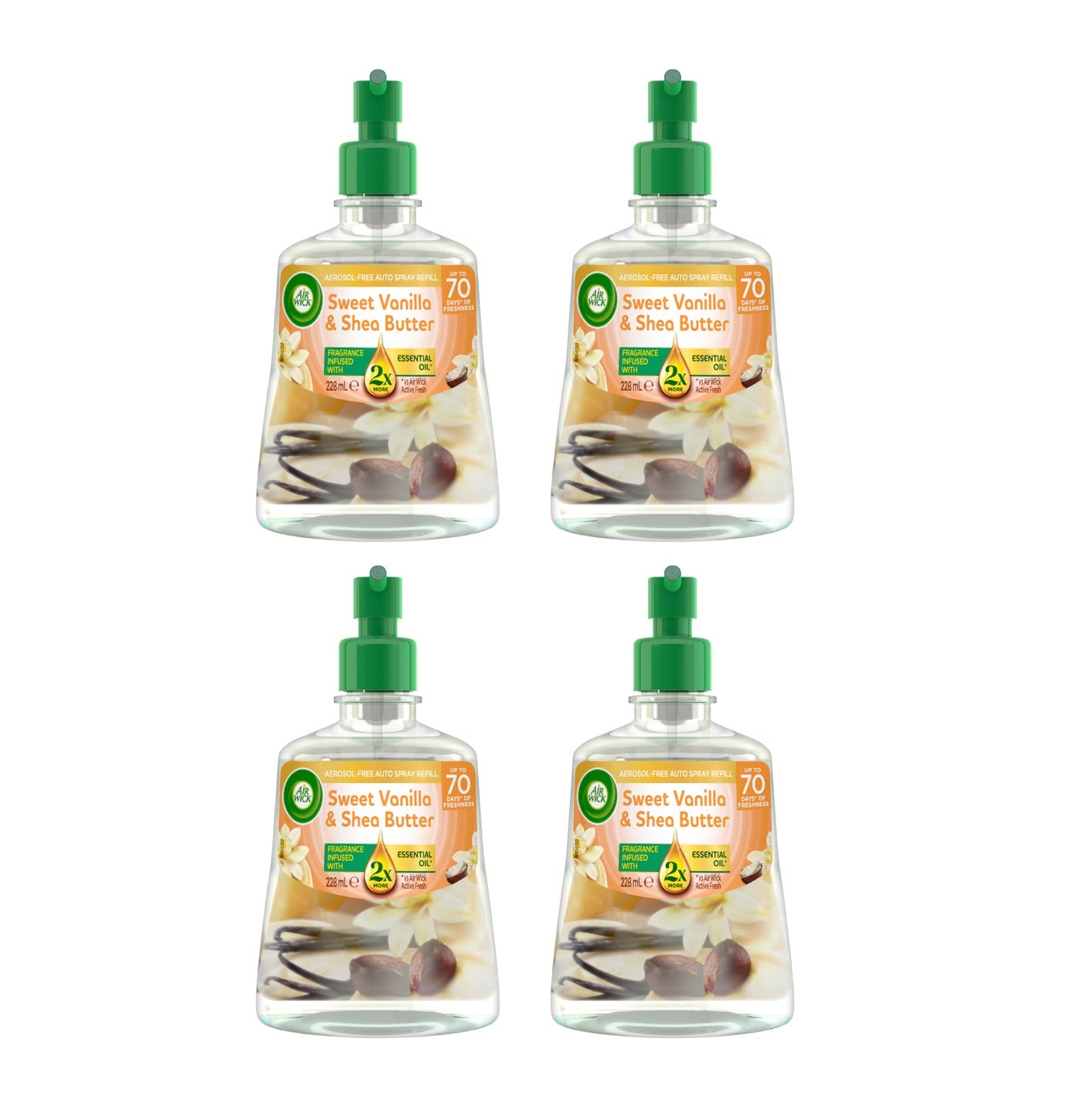 4 Pack Air Wick 2x Essential Oil Auto Spray Refill Vanilla & Shea 228mL