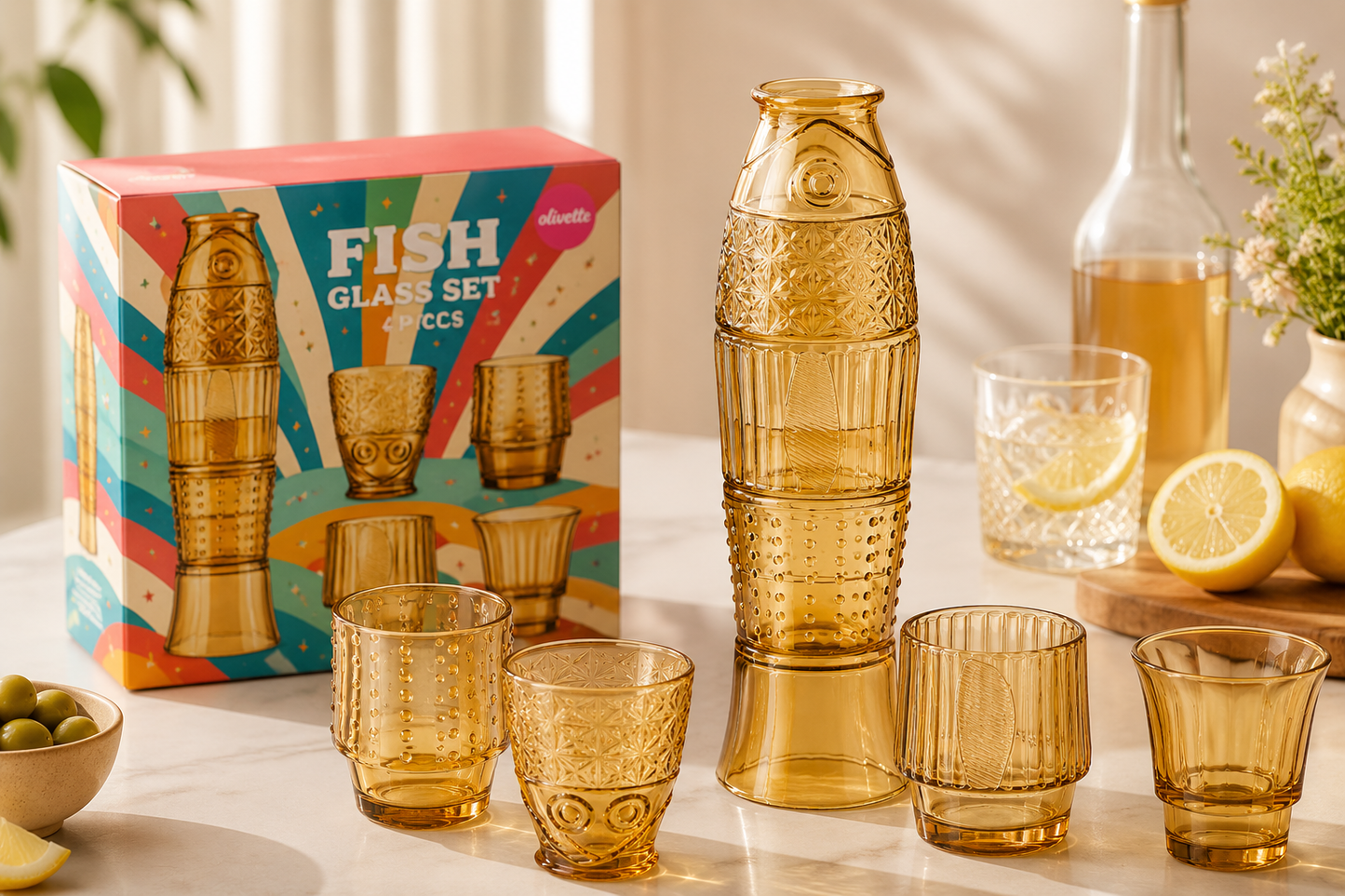 Fish Drink Tower – Fish Glass Set 4Pc