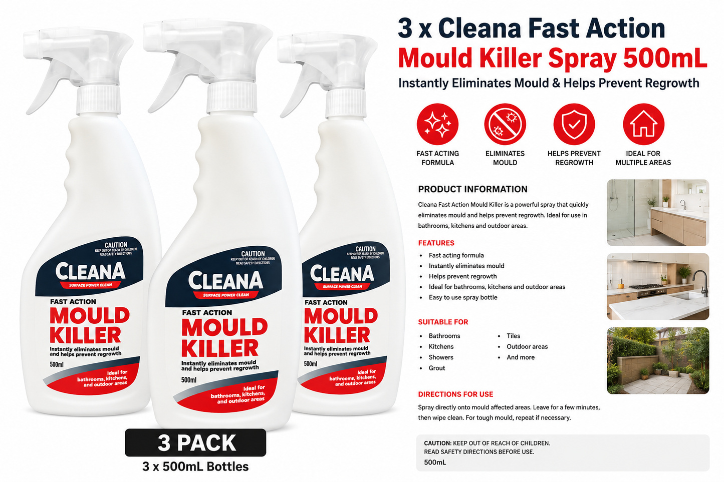 3 x Cleana Fast Action Mould Killer Spray 500mL