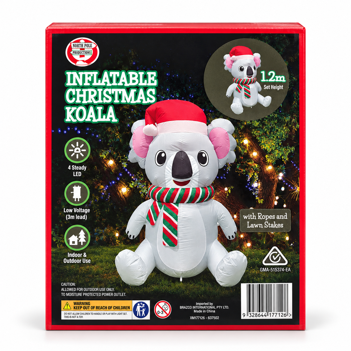 Inflatable Christmas Koala 1.2m – LED Light Up Santa Koala Decoration