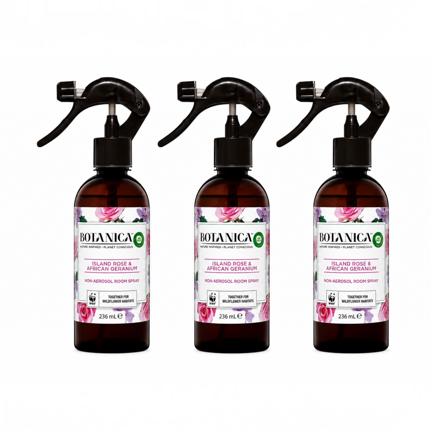 3x Air Wick Botanica Island Rose & African Geranium Room Spray 236mL