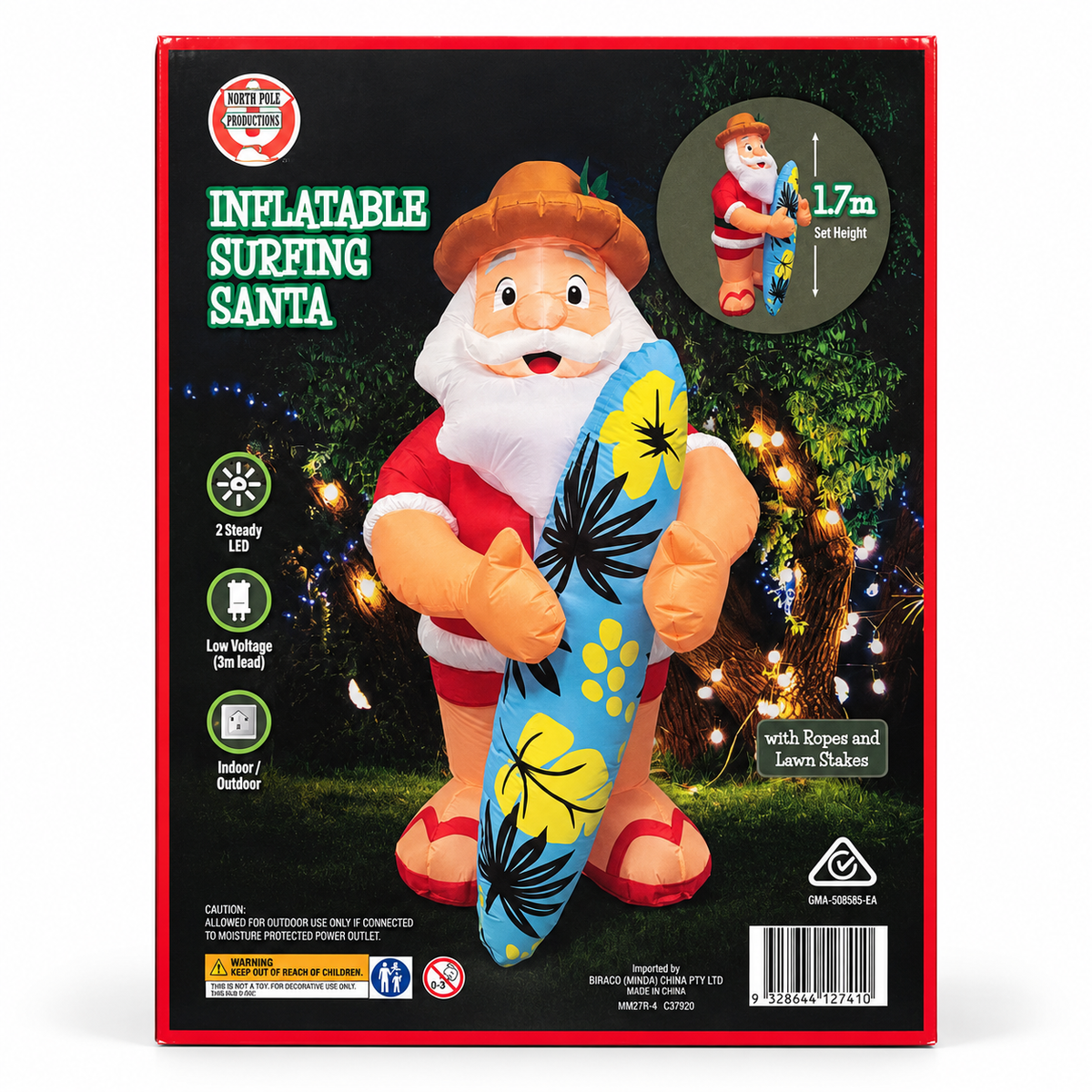 Inflatable Surfing Santa Christmas Decoration – LED Light Up 1.7m