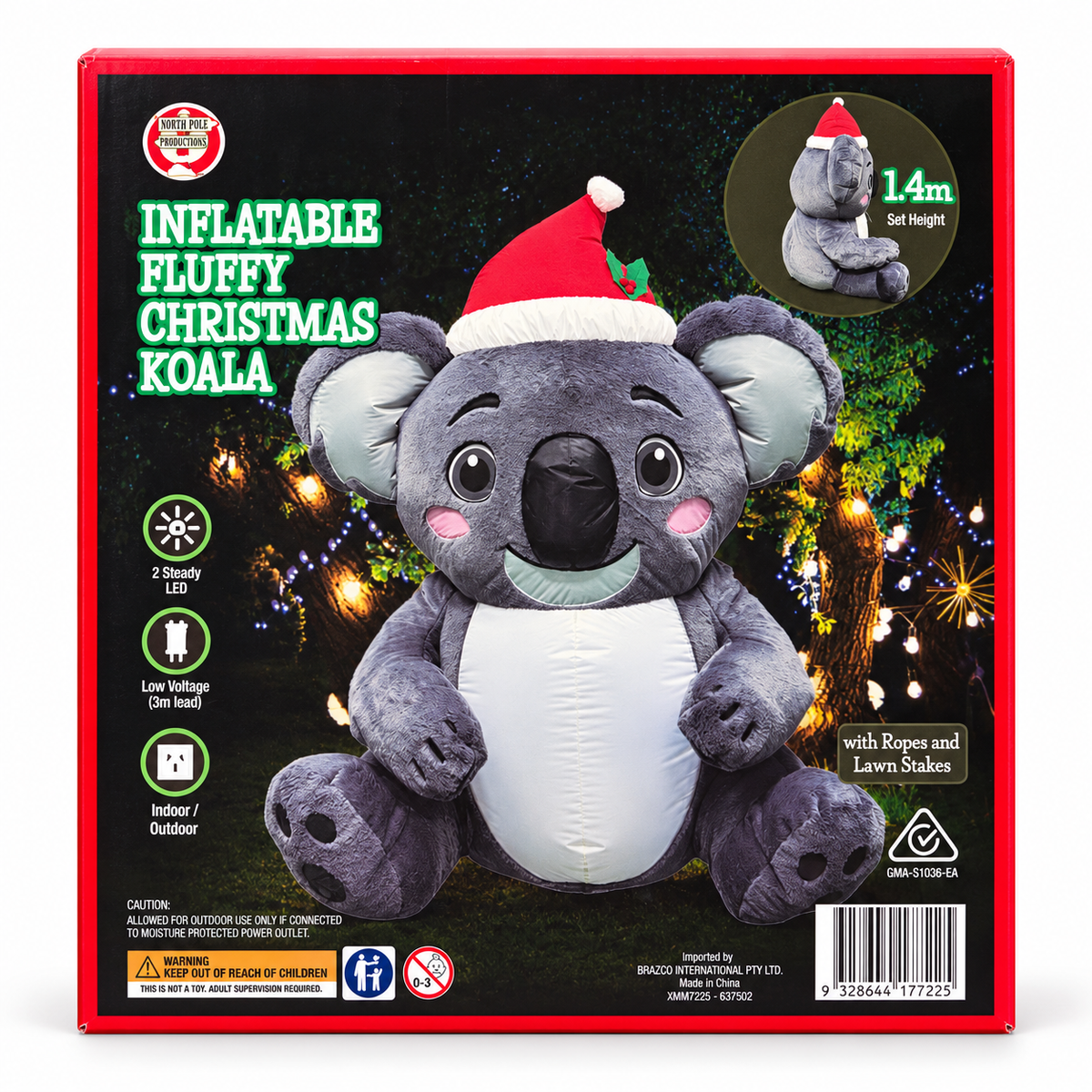 Inflatable Fluffy Christmas Koala with Santa Hat 1.4M