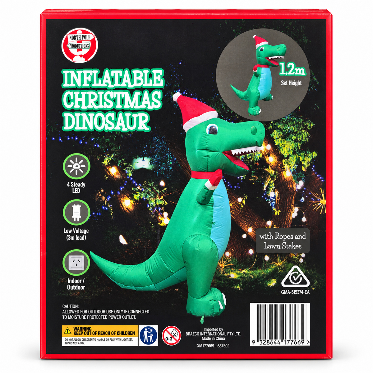 Inflatable Christmas Dinosaur T-Rex with Santa Hat 1.2M
