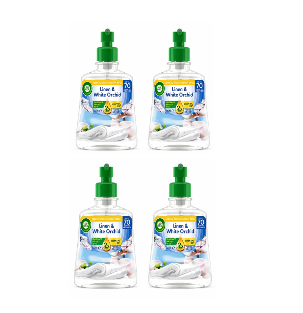4 Pack Air Wick Active Fresh Linen & White Orchid Auto Spray Refill 228ml