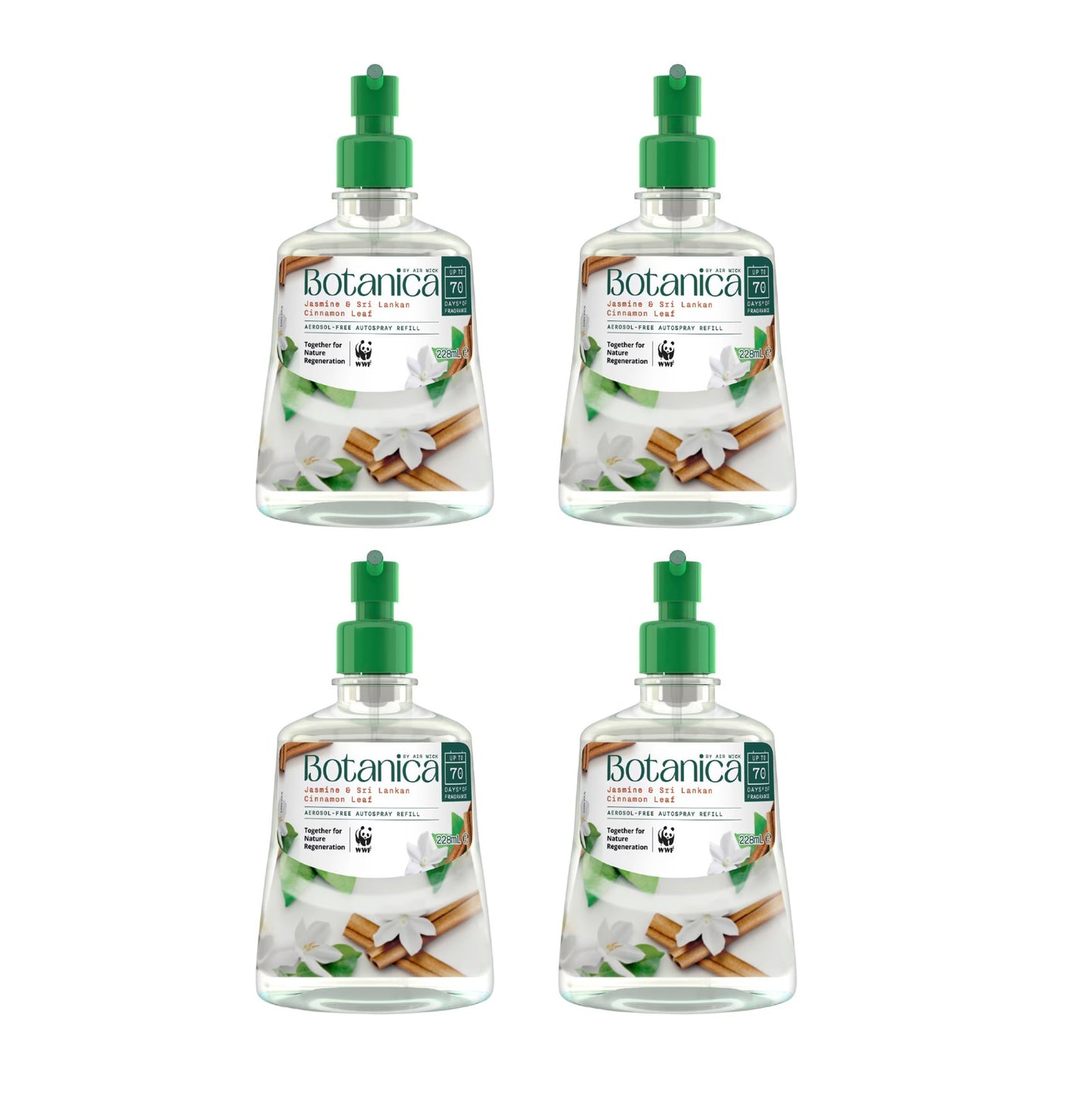 4 Pack Botanica by Air Wick Automatic Spray Refill Jasmine & Sri Lankan Cinnamon 228mL