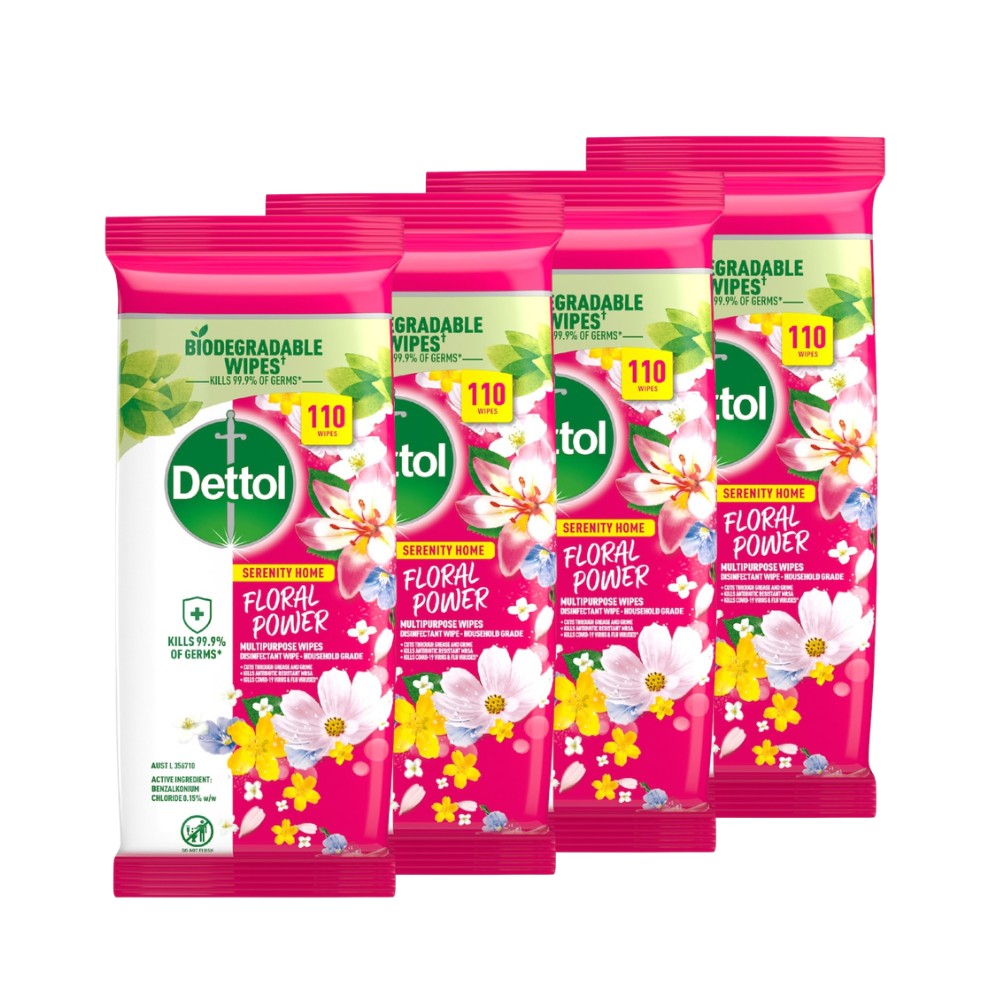 4 x Dettol Serenity Home Multipurpose Wipes Floral Power 110 pack